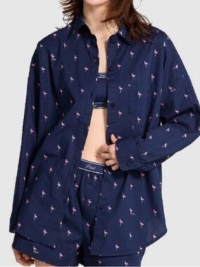 PINK by Victoria Secret Navy Button-Up SHIRT ONLY with Pink Flamingo Print NWT